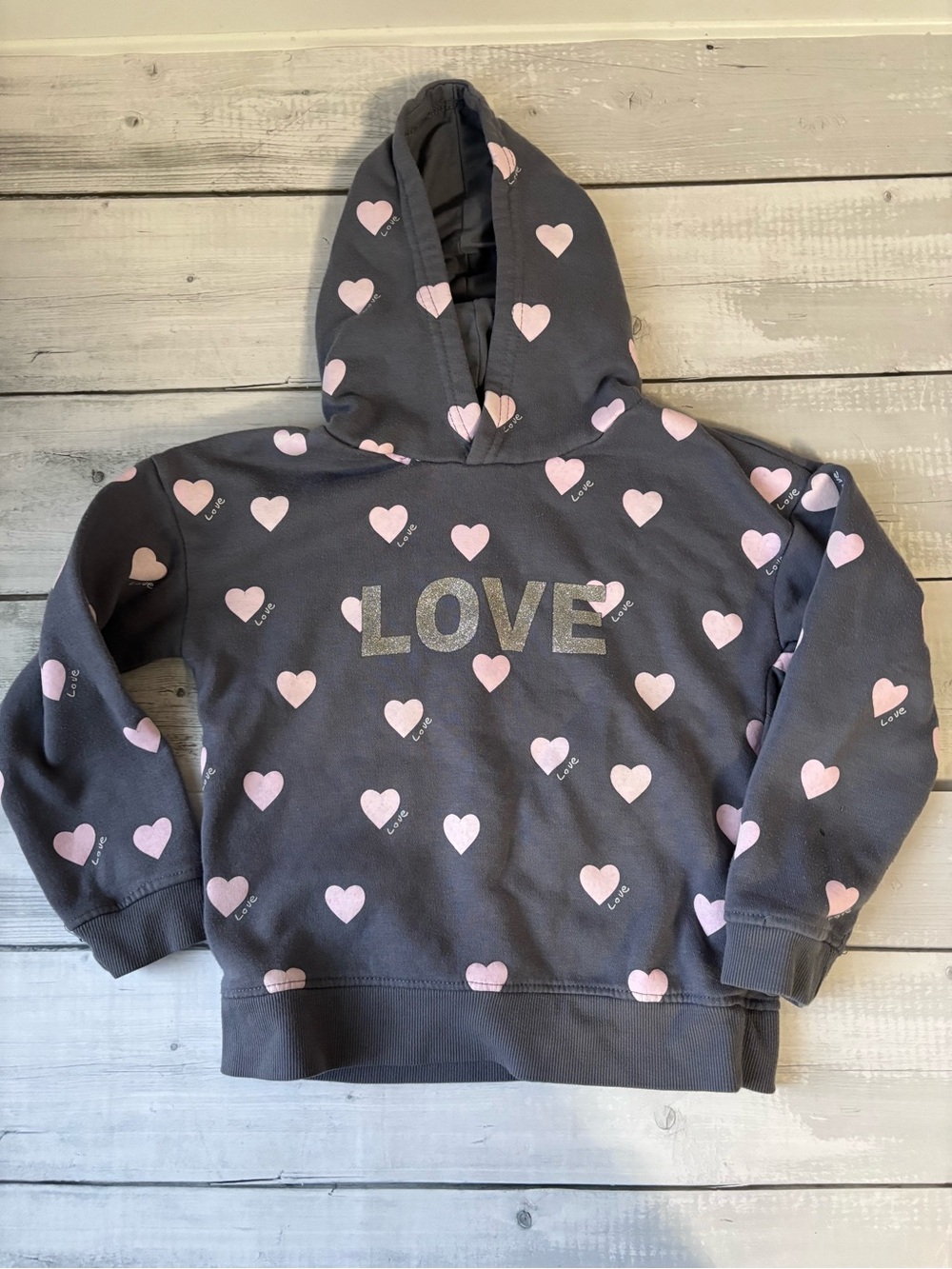 Primark Dark Gray Hoodie with Pink Heart Pattern and Glitter LOVE